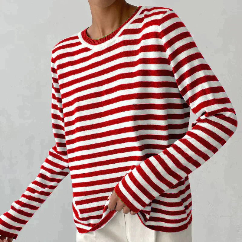 Women's Relaxed-Fit Striped Long-Sleeve Knit Jumper Top - Red