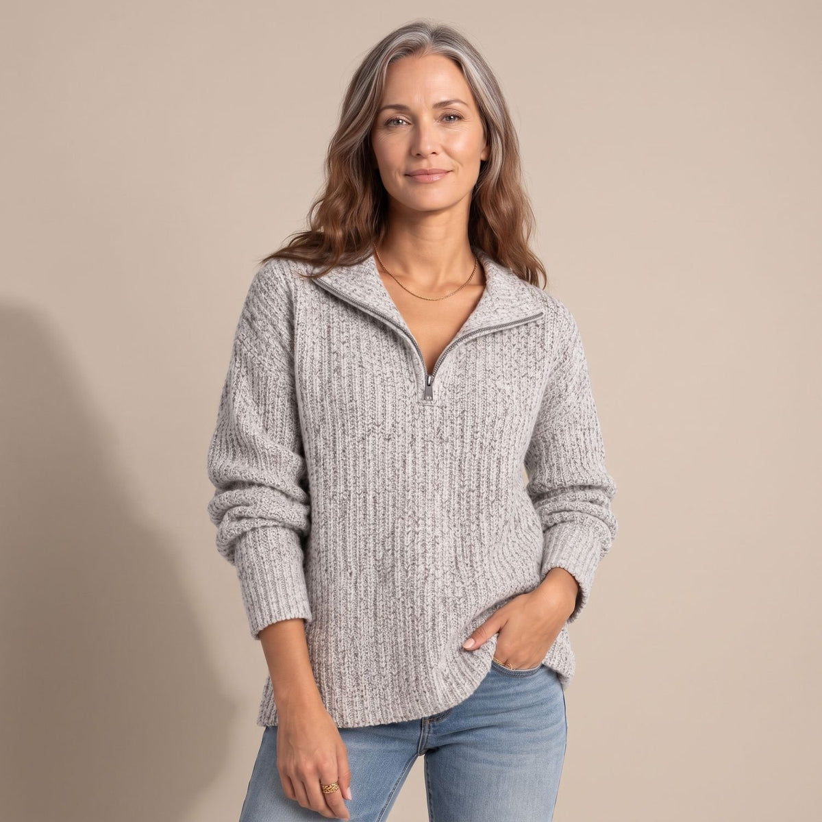 Women's Relaxed-Fit Textured Knit Quarter-Zip Jumper - Light Grey