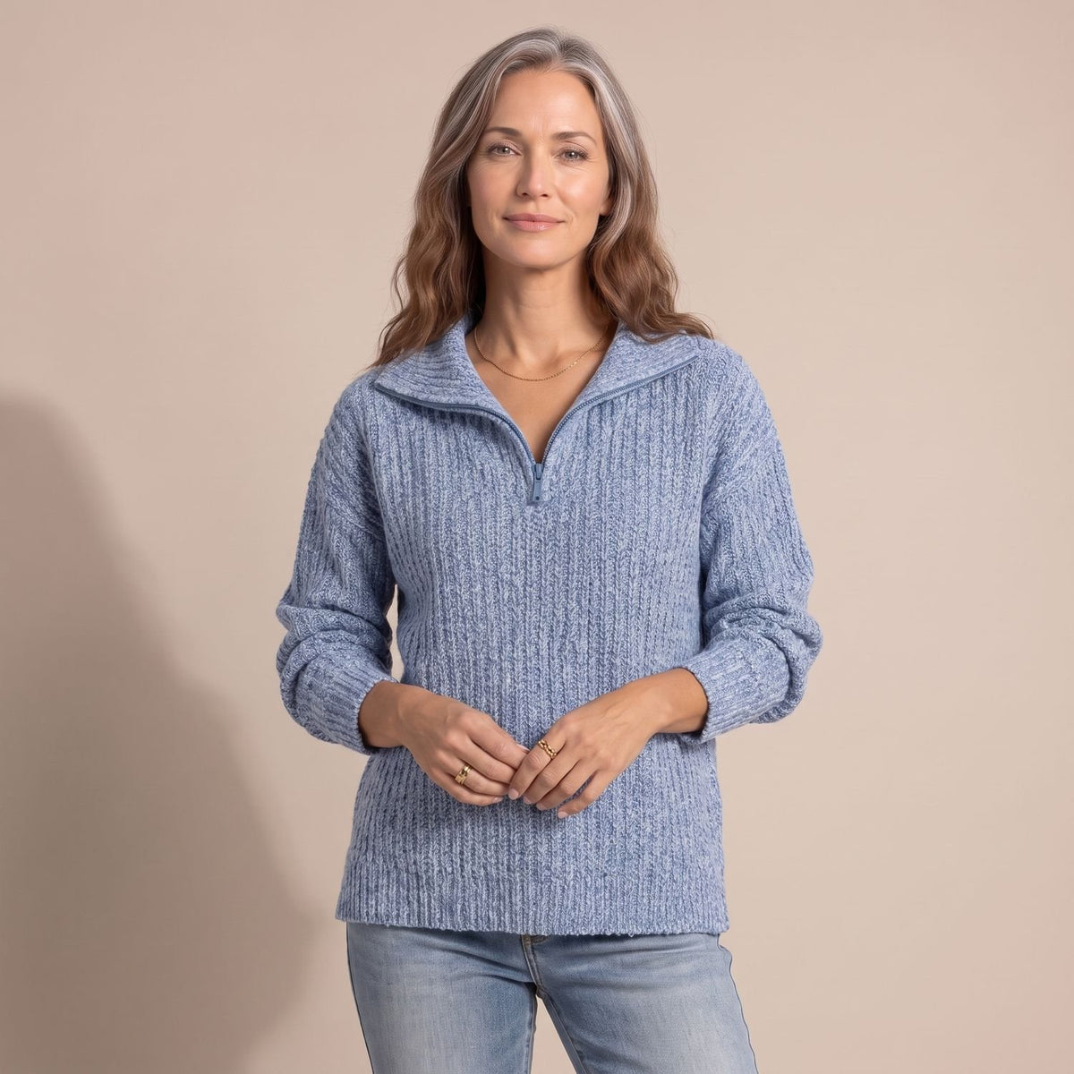 Women's Relaxed-Fit Textured Knit Quarter-Zip Jumper - Blue