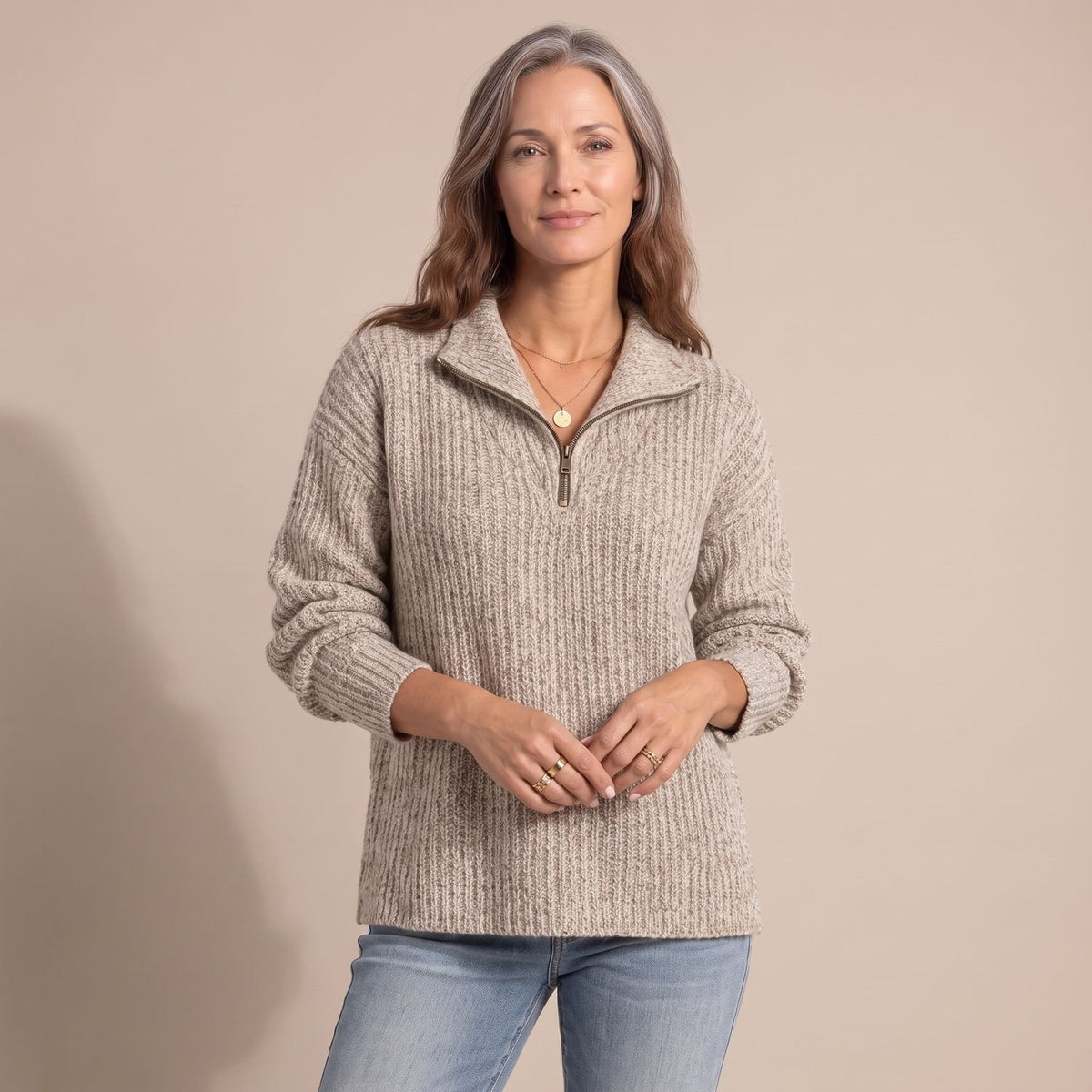 Women's Relaxed-Fit Textured Knit Quarter-Zip Jumper - Beige