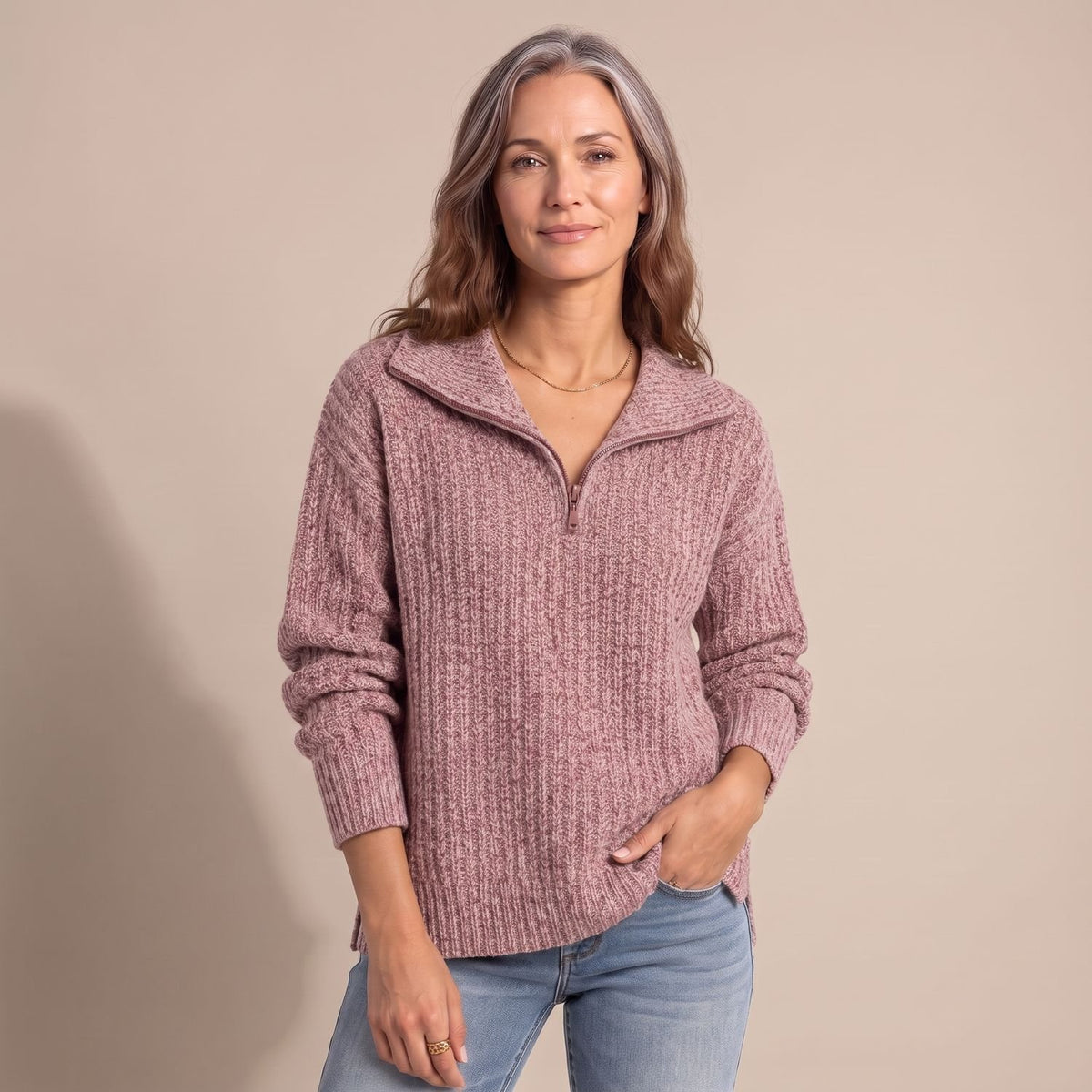 Women's Relaxed-Fit Textured Knit Quarter-Zip Jumper - Purple