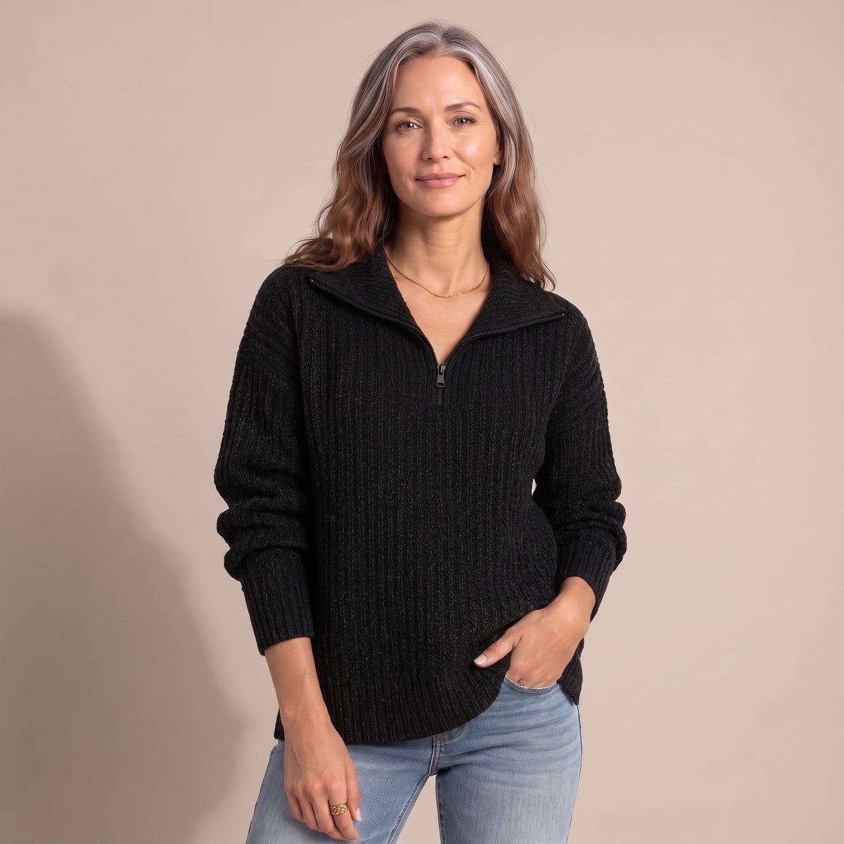 Women's Relaxed-Fit Textured Knit Quarter-Zip Jumper - Black