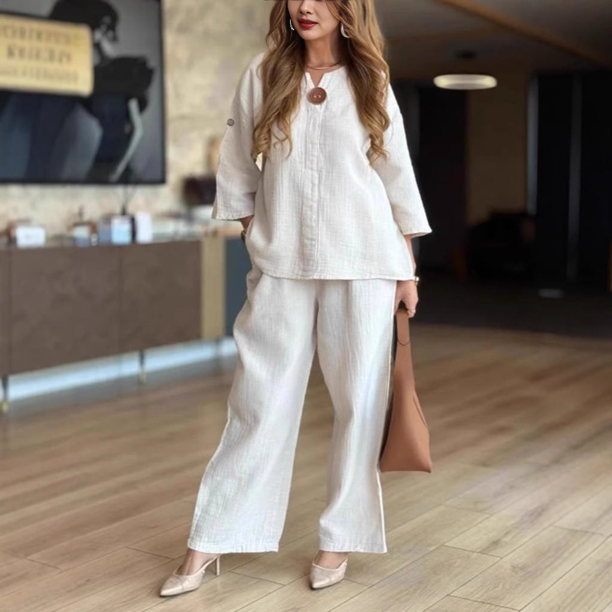 Women's Relaxed-Fit Three-Quarter Sleeve Linen Tunic Palazzo Trouser Set
