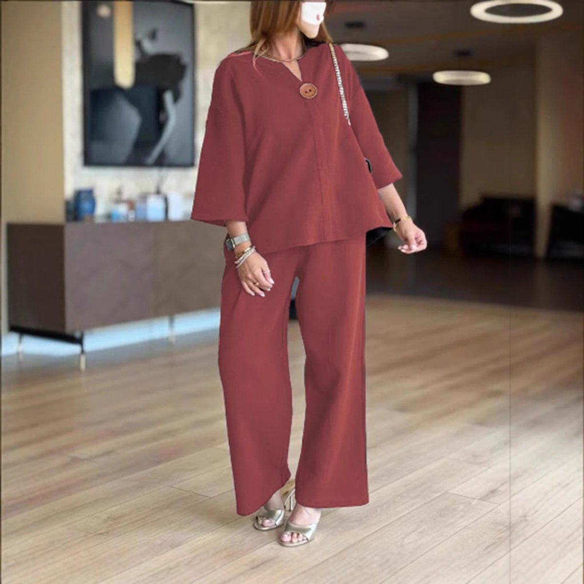 Women's Relaxed-Fit Three-Quarter Sleeve Linen Tunic Palazzo Trouser Set - Bordeaux