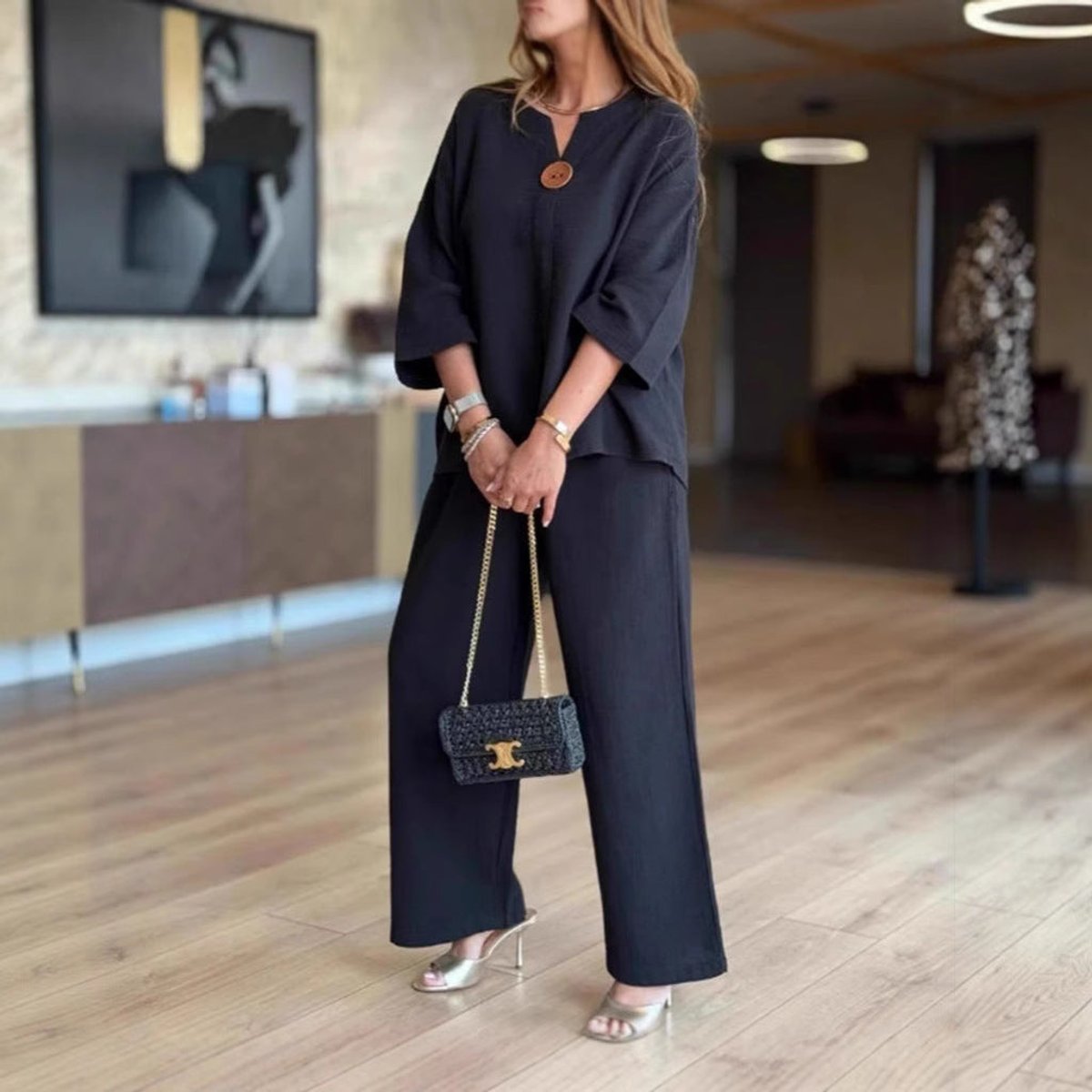 Women's Relaxed-Fit Three-Quarter Sleeve Linen Tunic Palazzo Trouser Set