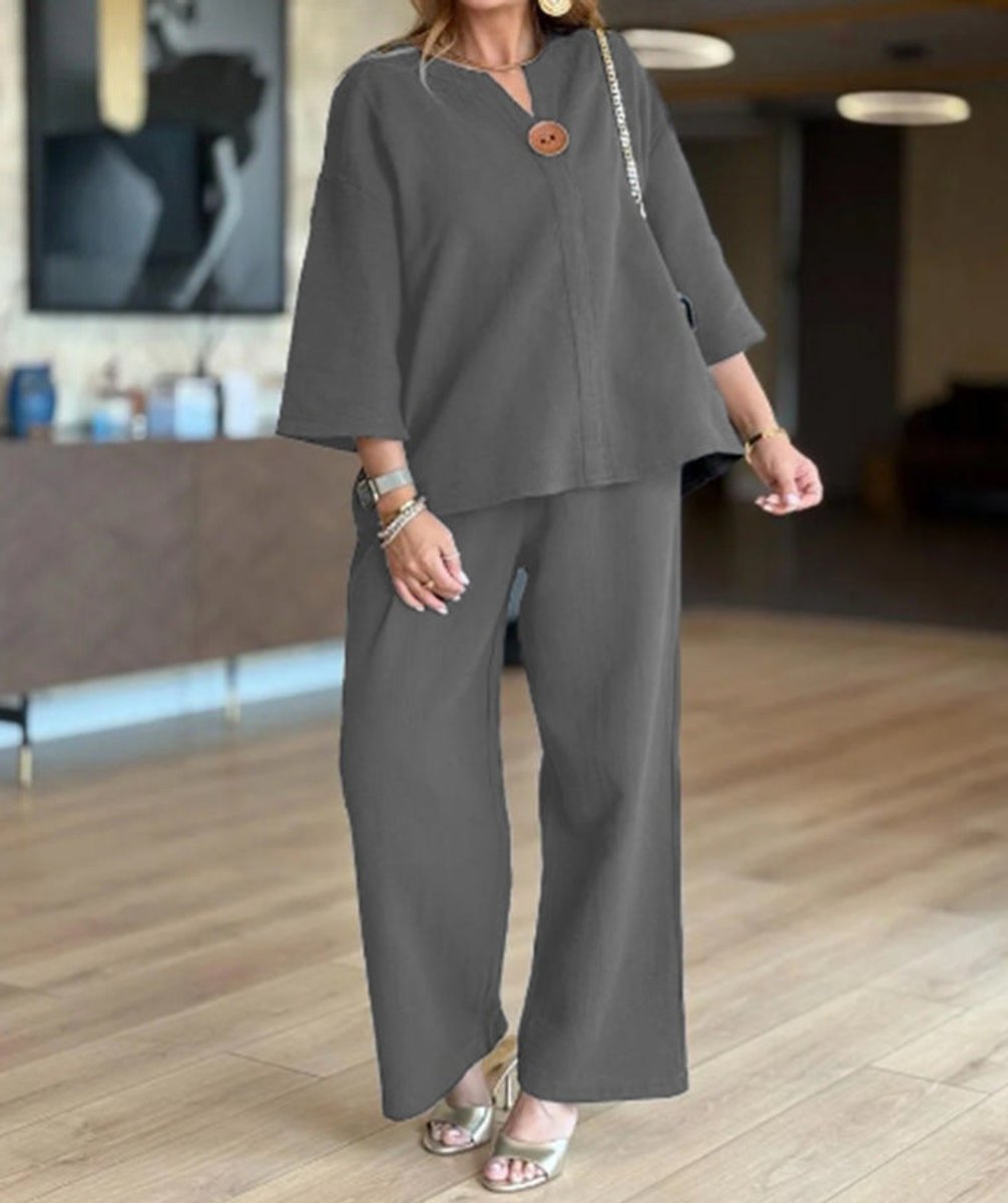 Women's Relaxed-Fit Three-Quarter Sleeve Linen Tunic Palazzo Trouser Set - Grau