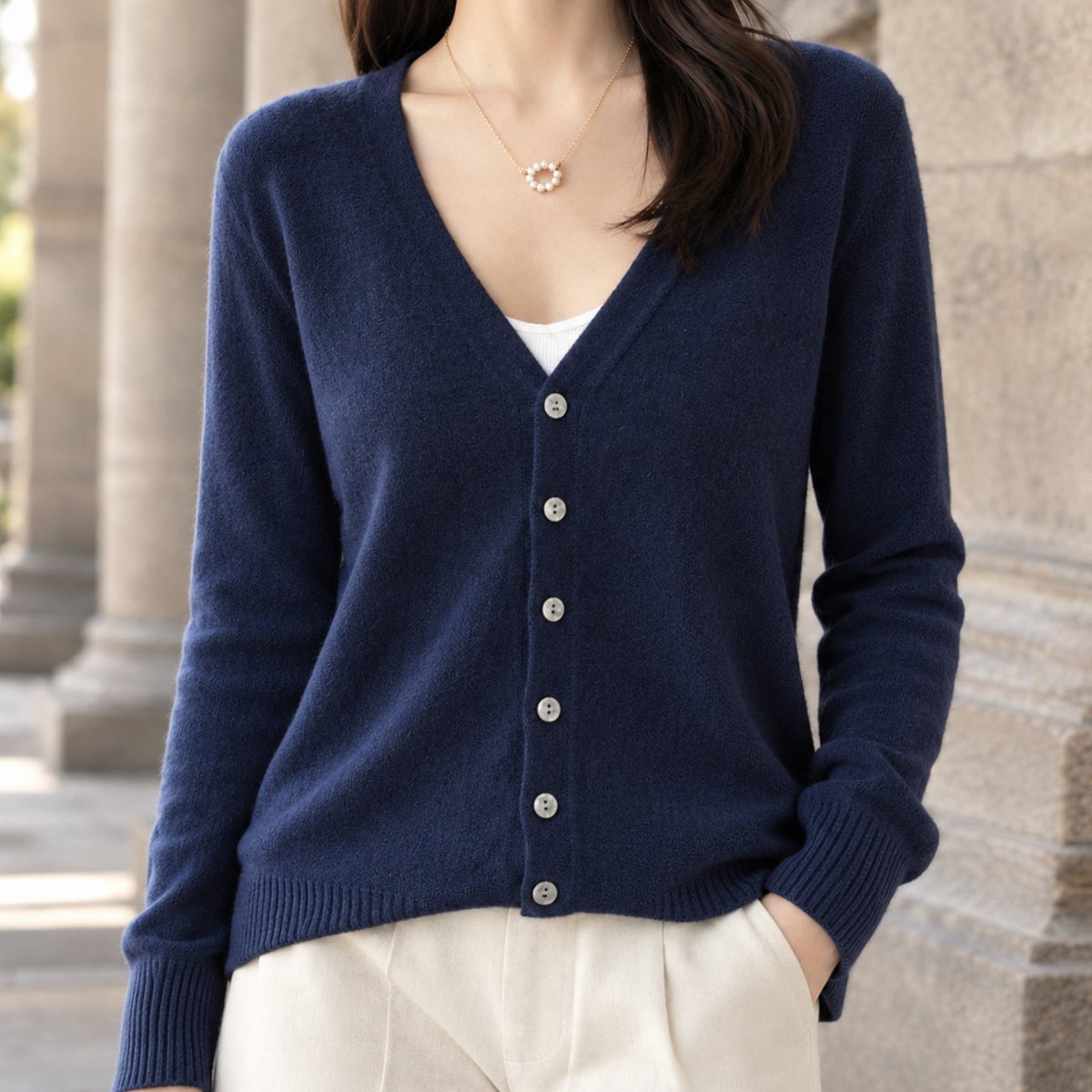 Women's Relaxed-Fit V-Neck Button-Front Knit Cardigan - Navy Blue