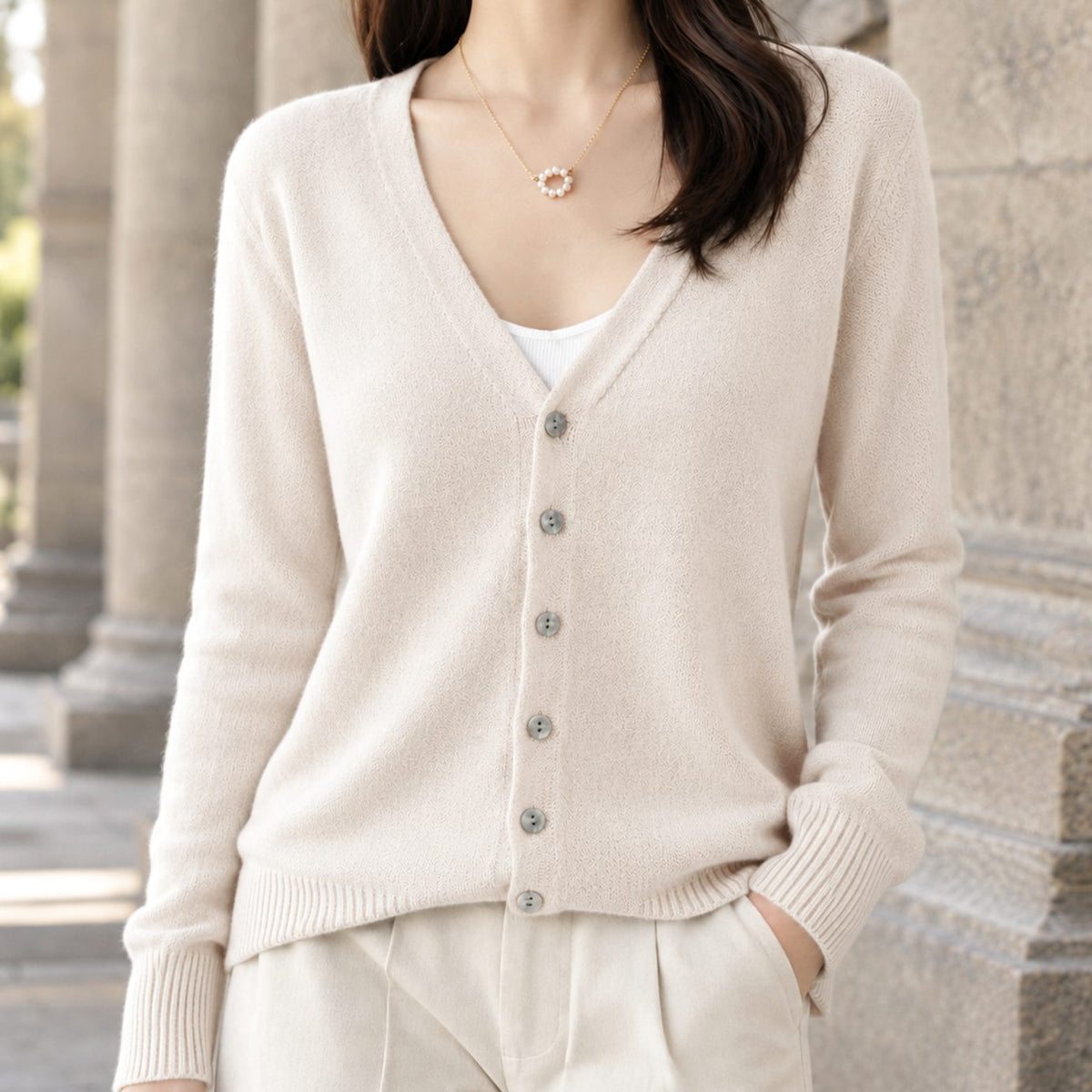 Women's Relaxed-Fit V-Neck Button-Front Knit Cardigan - Beige