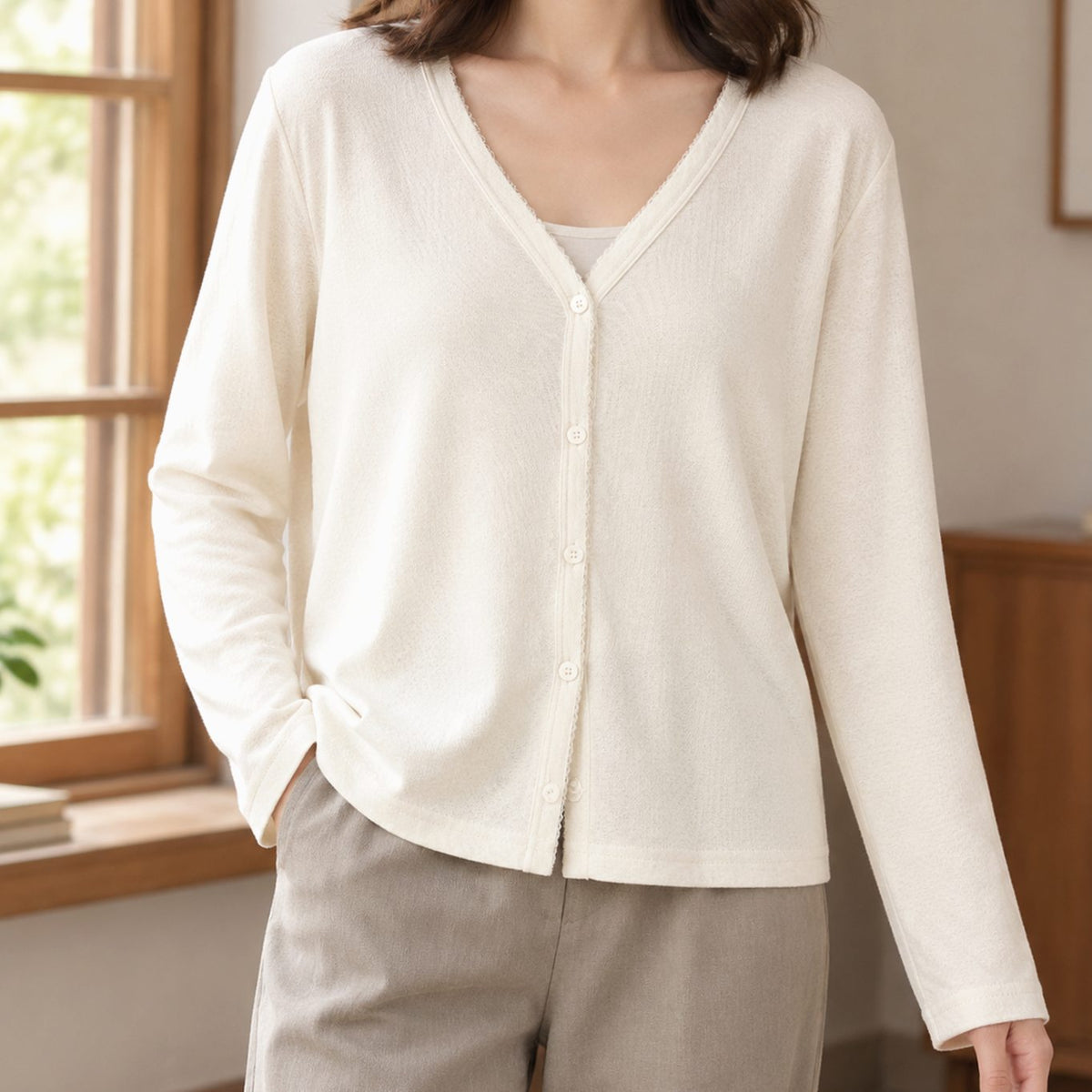 Women's Relaxed-Fit V-Neck Button-Front Long-Sleeve Cardigan - Soft White