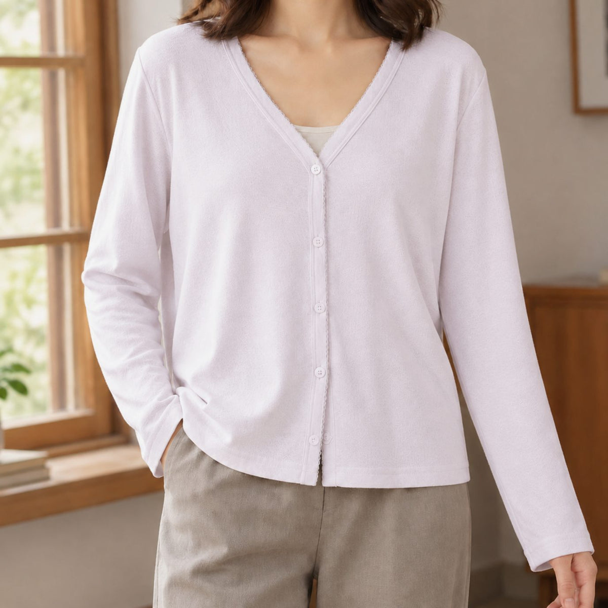 Women's Relaxed-Fit V-Neck Button-Front Long-Sleeve Cardigan - Soft Mist Purple