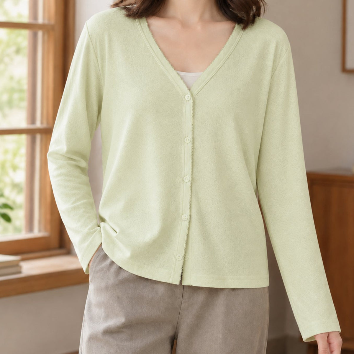 Women's Relaxed-Fit V-Neck Button-Front Long-Sleeve Cardigan - Mint Green