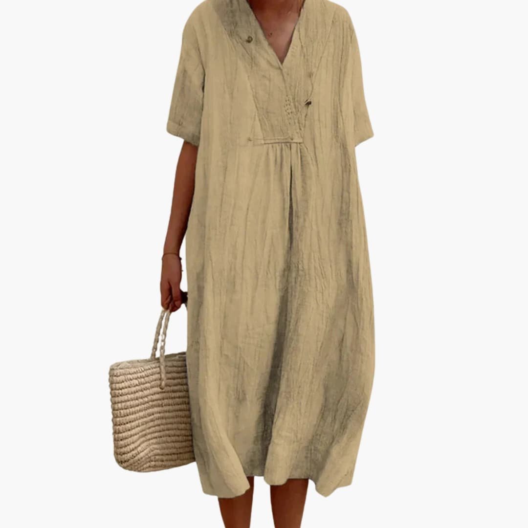 Women's Relaxed-Fit V-Neck Button Placket Linen Midi Dress - Khaki