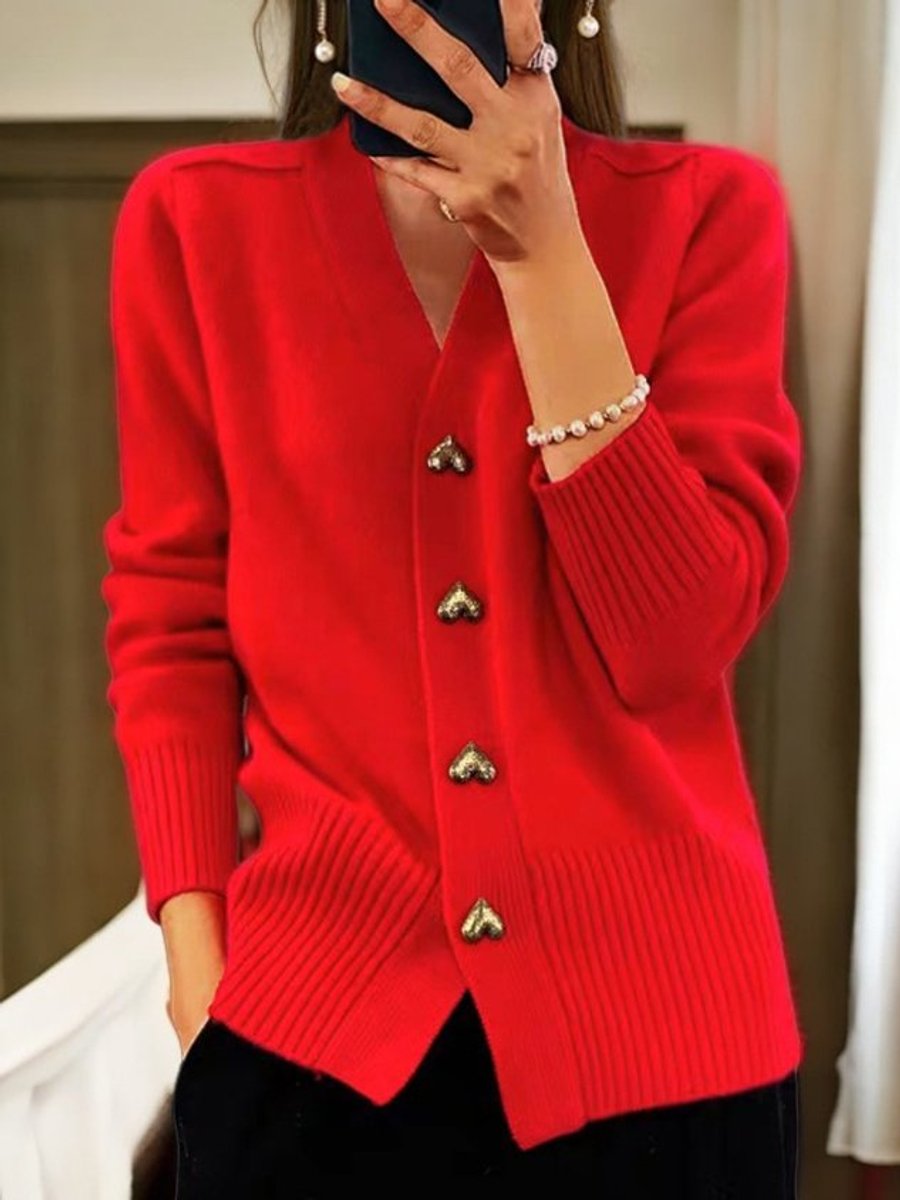 Women's Relaxed-Fit V-Neck Knit Button-Up Cardigan - Red