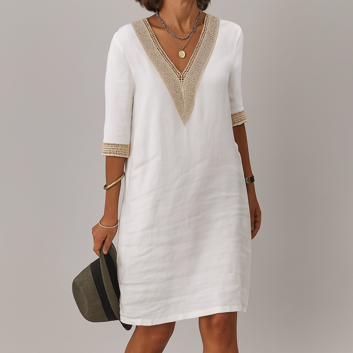 Women's Relaxed-Fit V-Neck Lace-Trim Long Sleeve Dress - White