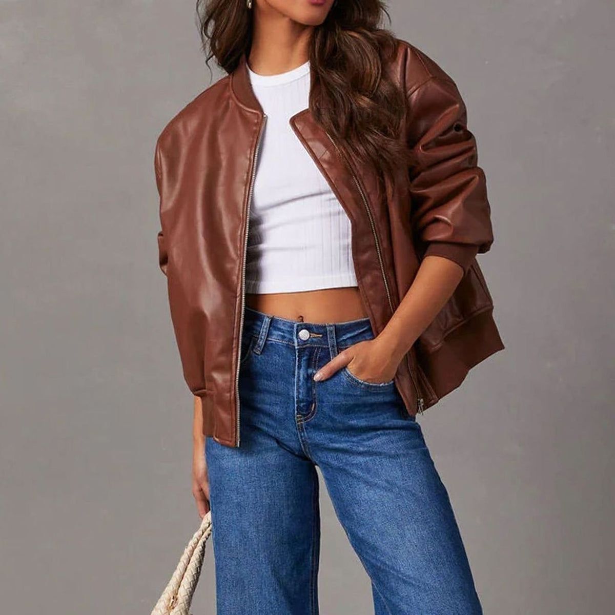 Women's Relaxed-Fit Vegan Leather Zip-Front Bomber Jacket
