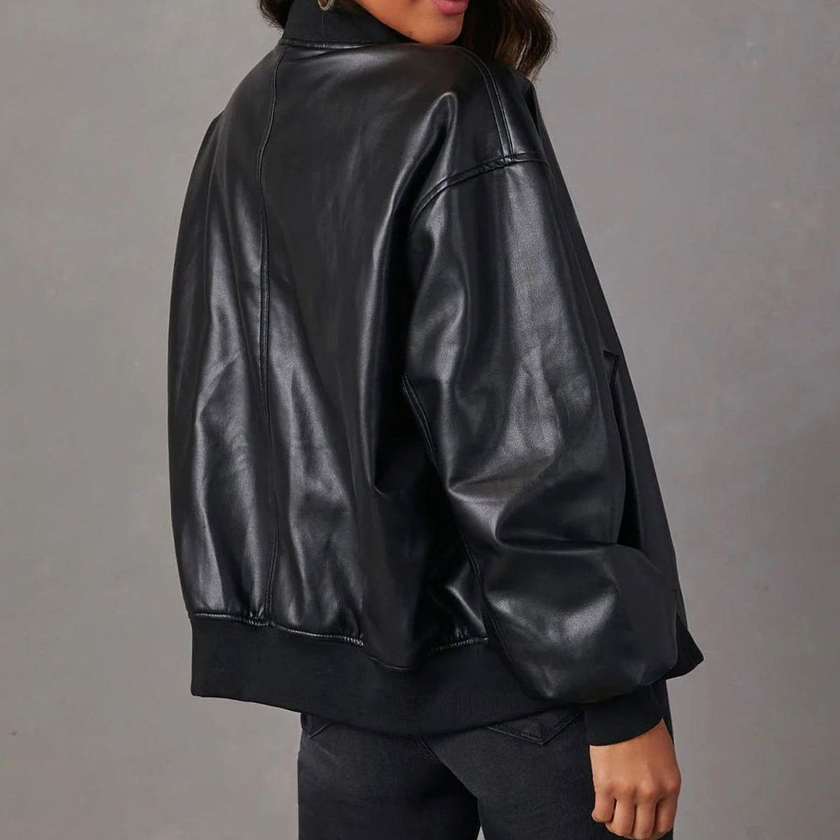 Women's Relaxed-Fit Vegan Leather Zip-Front Bomber Jacket