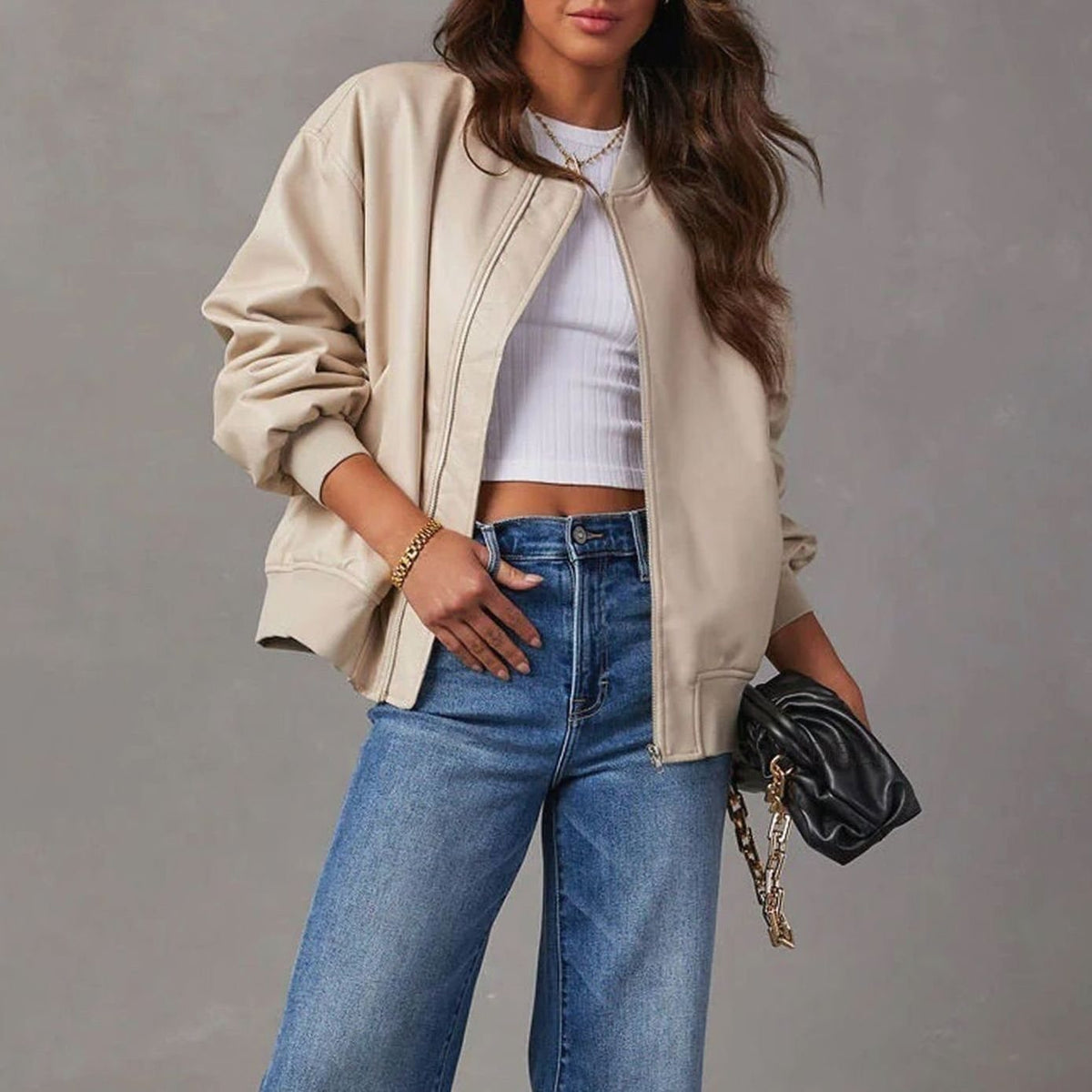 Women's Relaxed-Fit Vegan Leather Zip-Front Bomber Jacket