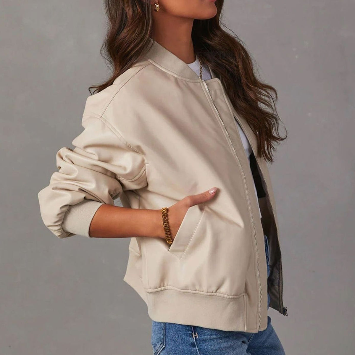 Women's Relaxed-Fit Vegan Leather Zip-Front Bomber Jacket