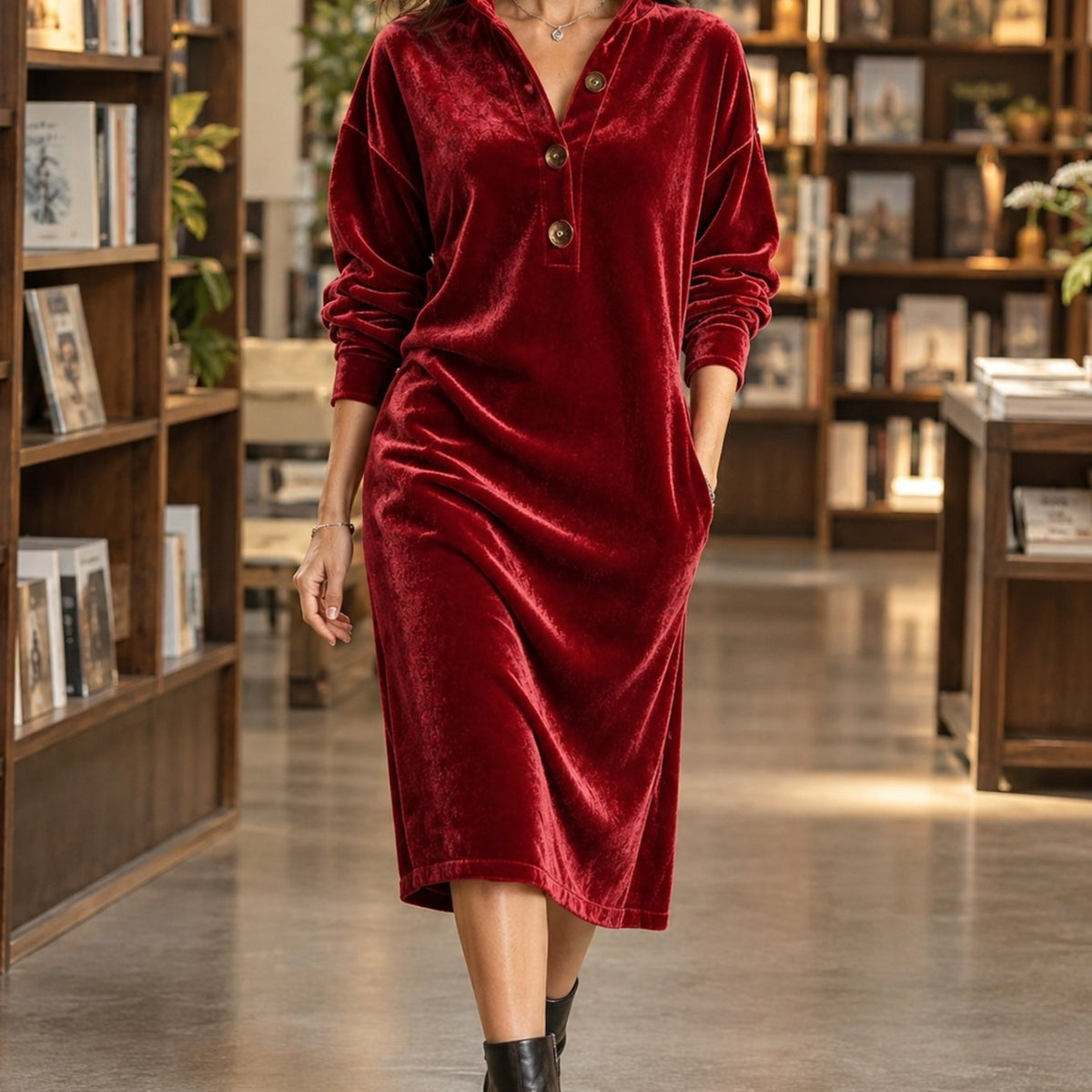Women's Relaxed-Fit Velvet Midi Dress Raised Collar Button Placket - Red