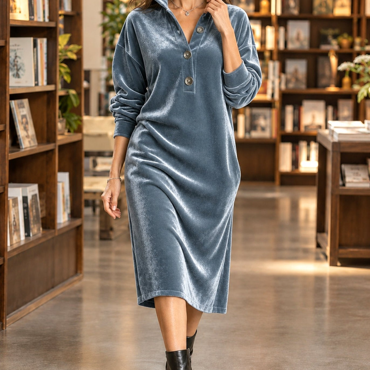 Women's Relaxed-Fit Velvet Midi Dress Raised Collar Button Placket - Blue