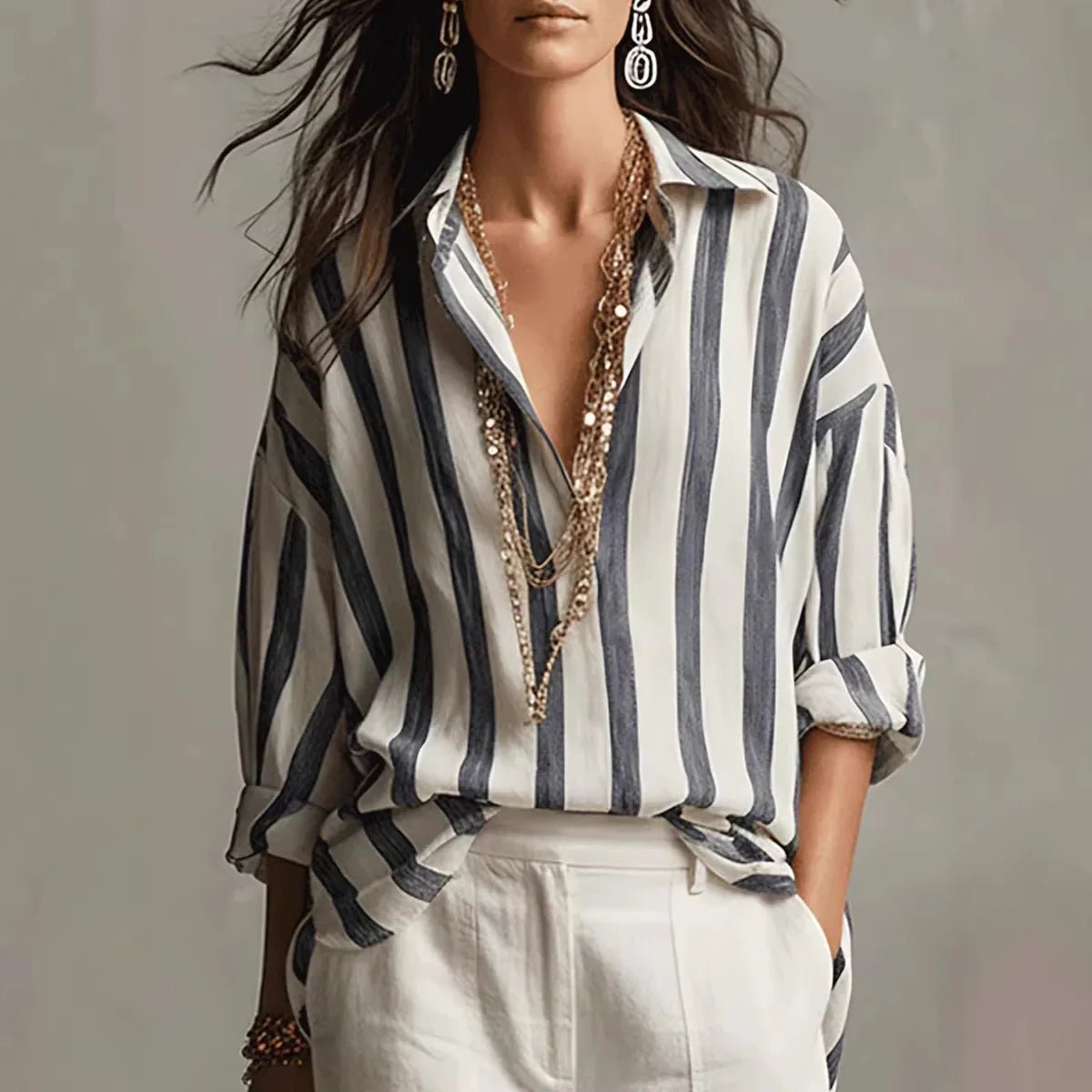 Women's Relaxed-Fit Vertical Striped Collared Linen-Style Blouse - Black