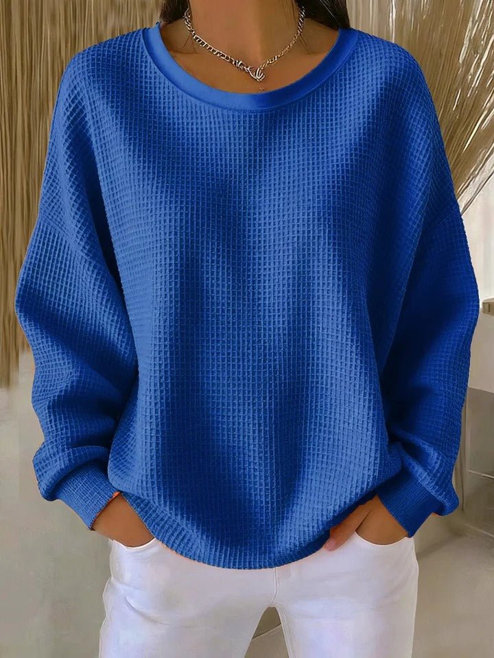 Women's Relaxed-Fit Waffle-Knit Long-Sleeve Crew-Neck Jumper - Blue