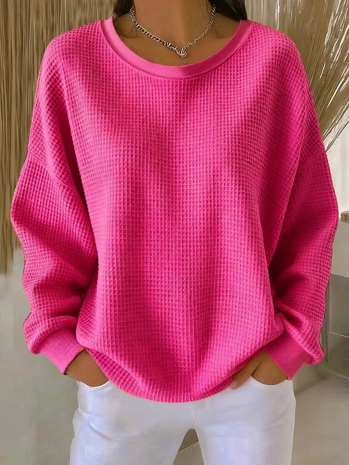 Women's Relaxed-Fit Waffle-Knit Long-Sleeve Crew-Neck Jumper - Fuchsia