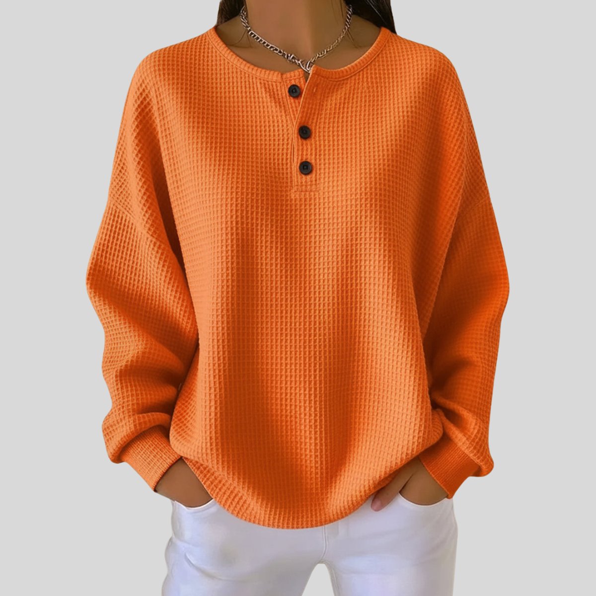 Women's Relaxed-Fit Waffle Knit Sweater Henley Long Sleeve Top