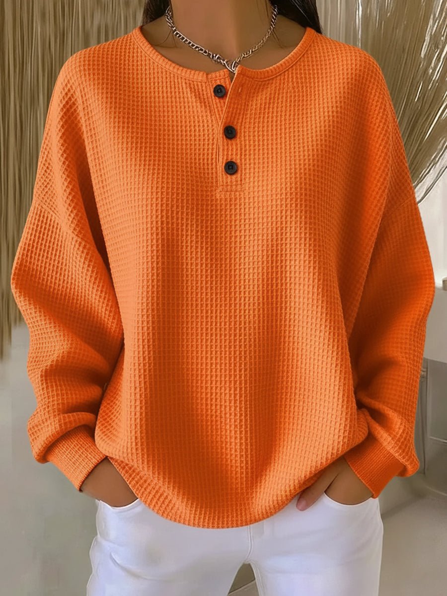 Women's Relaxed-Fit Waffle Knit Sweater Henley Long Sleeve Top - Orange