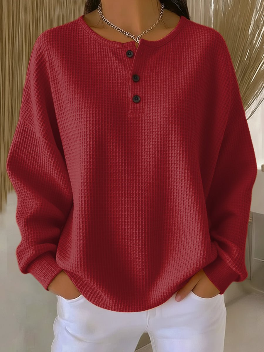 Women's Relaxed-Fit Waffle Knit Sweater Henley Long Sleeve Top - Red