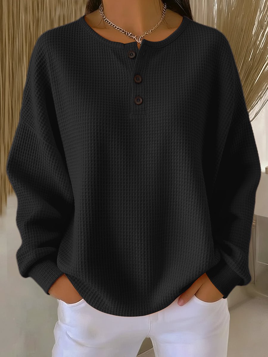 Women's Relaxed-Fit Waffle Knit Sweater Henley Long Sleeve Top - Black