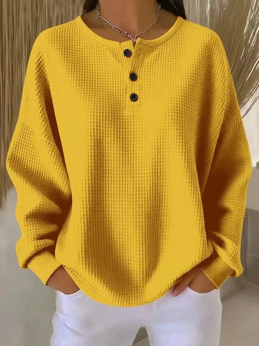 Women's Relaxed-Fit Waffle Knit Sweater Henley Long Sleeve Top - Yellow