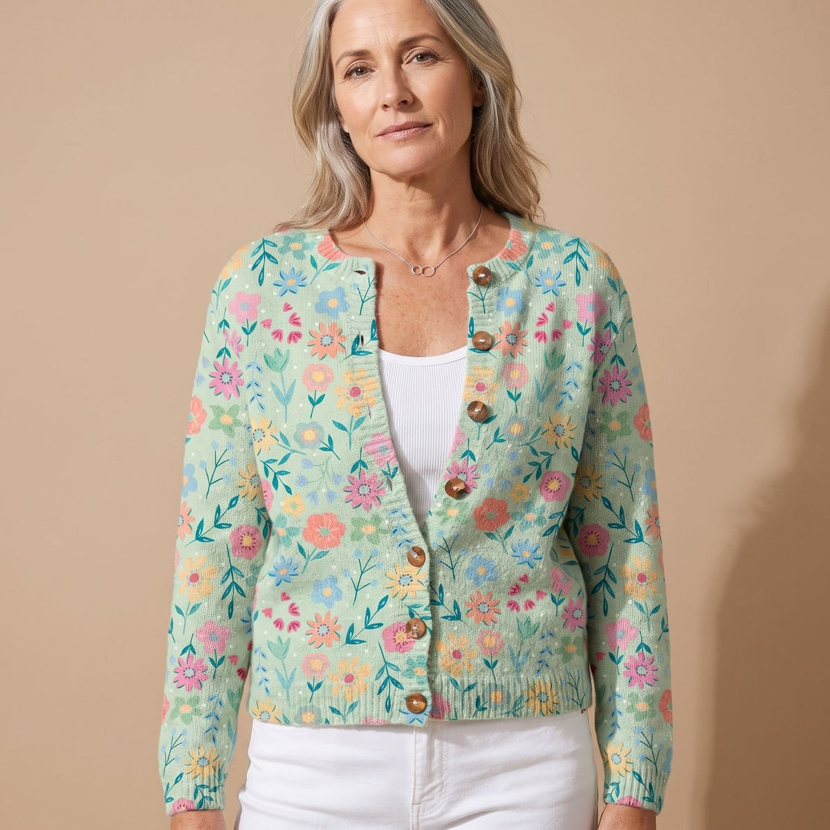 Women's Relaxed Floral Knit Button-Up Cardigan