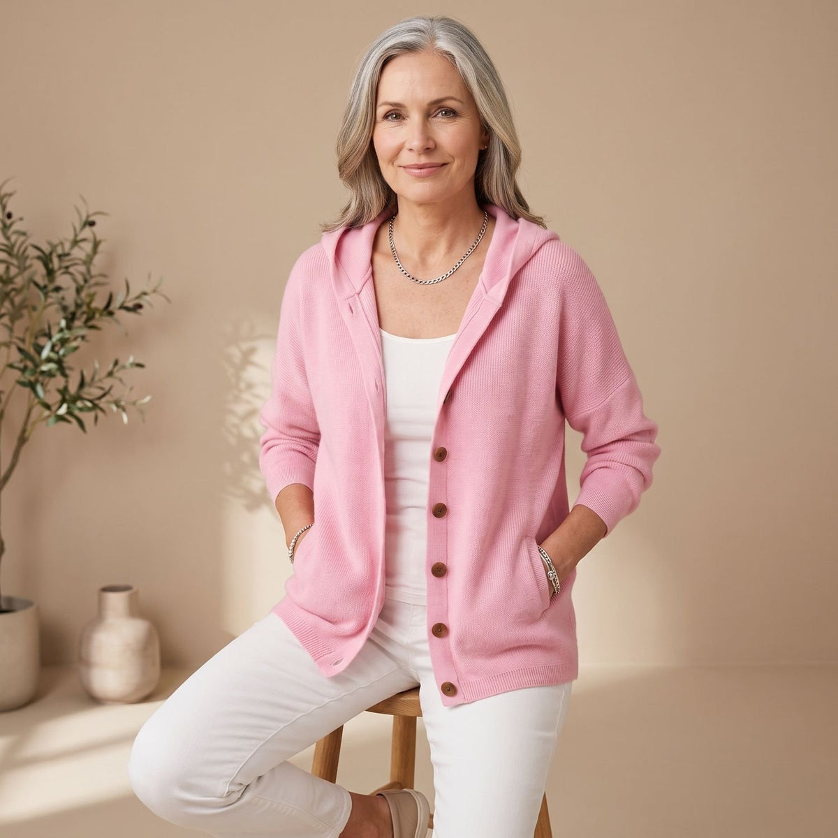 Women's Relaxed Hooded Button-Up Knit Cardigan Long Sleeve - Pink