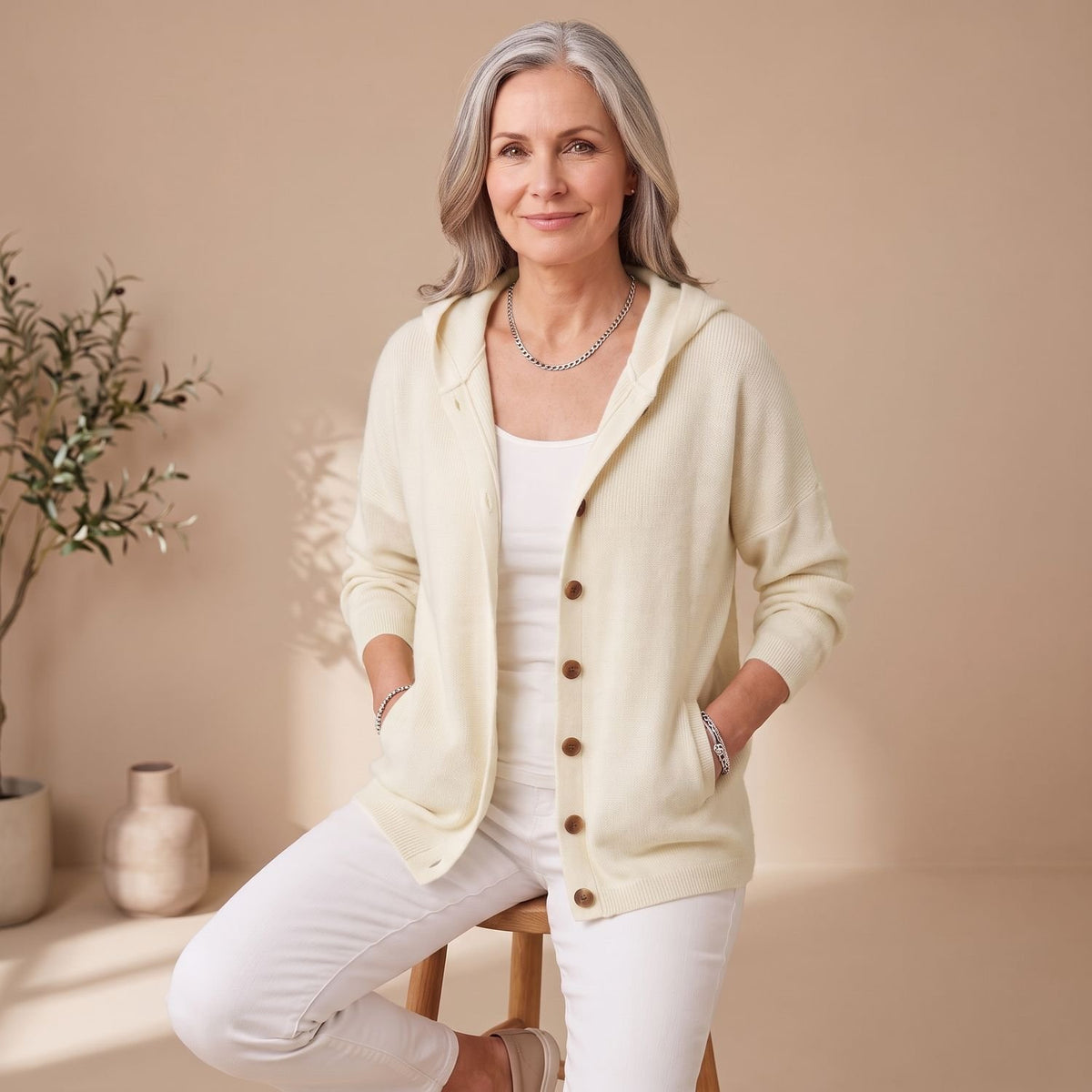Women's Relaxed Hooded Button-Up Knit Cardigan Long Sleeve - Beige