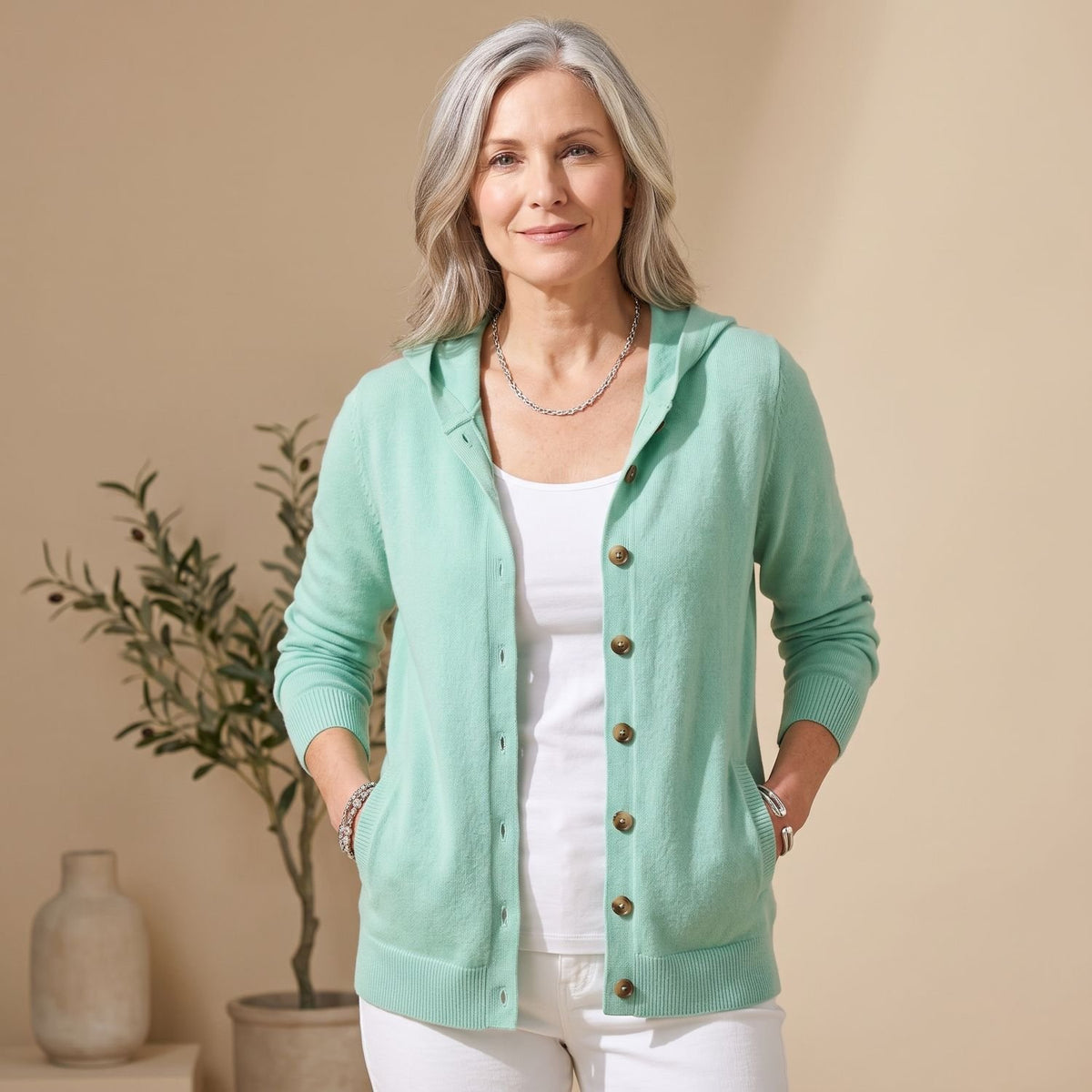 Women's Relaxed Hooded Button-Up Knit Cardigan Long Sleeve - Green