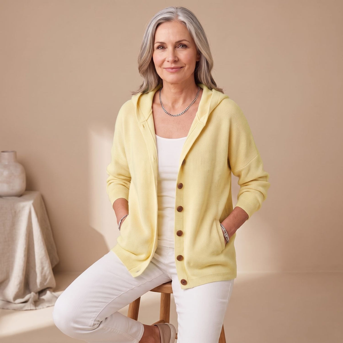 Women's Relaxed Hooded Button-Up Knit Cardigan Long Sleeve - Yellow