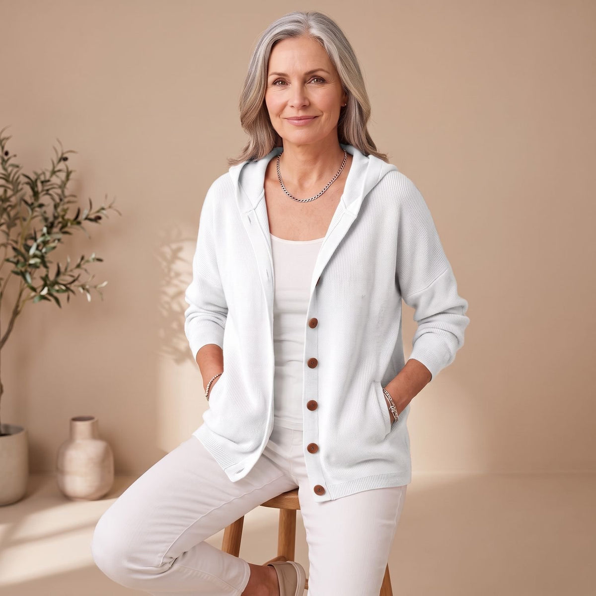 Women's Relaxed Hooded Button-Up Knit Cardigan Long Sleeve - Grey