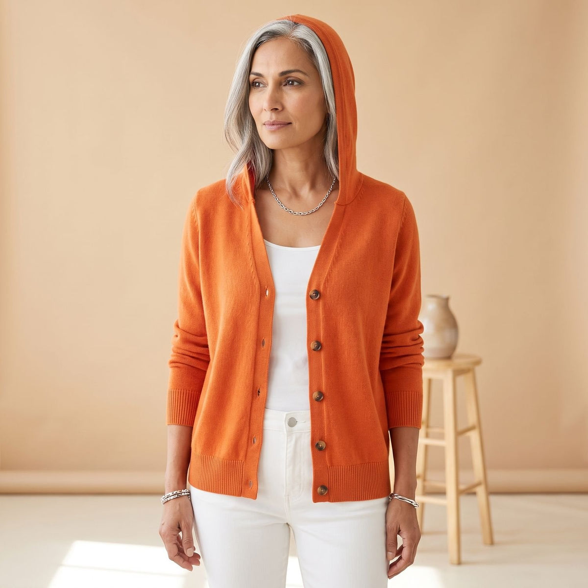 Women's Relaxed Hooded Button-Up Knit Cardigan Long Sleeve - Orange
