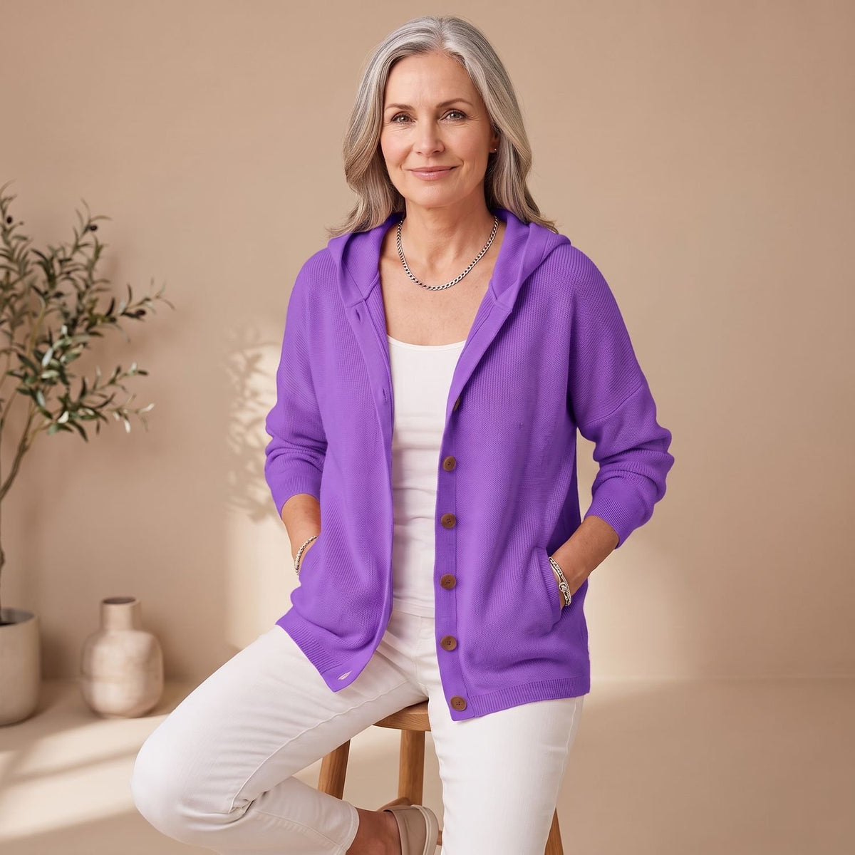 Women's Relaxed Hooded Button-Up Knit Cardigan Long Sleeve - Purple