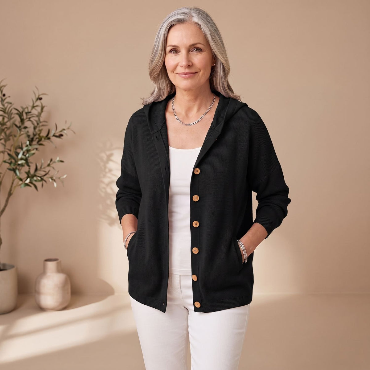 Women's Relaxed Hooded Button-Up Knit Cardigan Long Sleeve - Black