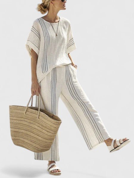 Women's Relaxed Linen-Blend Geometric-Stripe Wide-Leg Co-Ord Set - Blue stripe