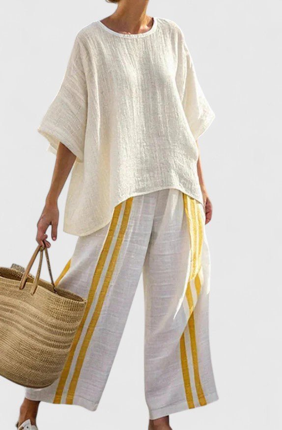 Women's Relaxed Linen-Blend Geometric-Stripe Wide-Leg Co-Ord Set - Yellow Stripe