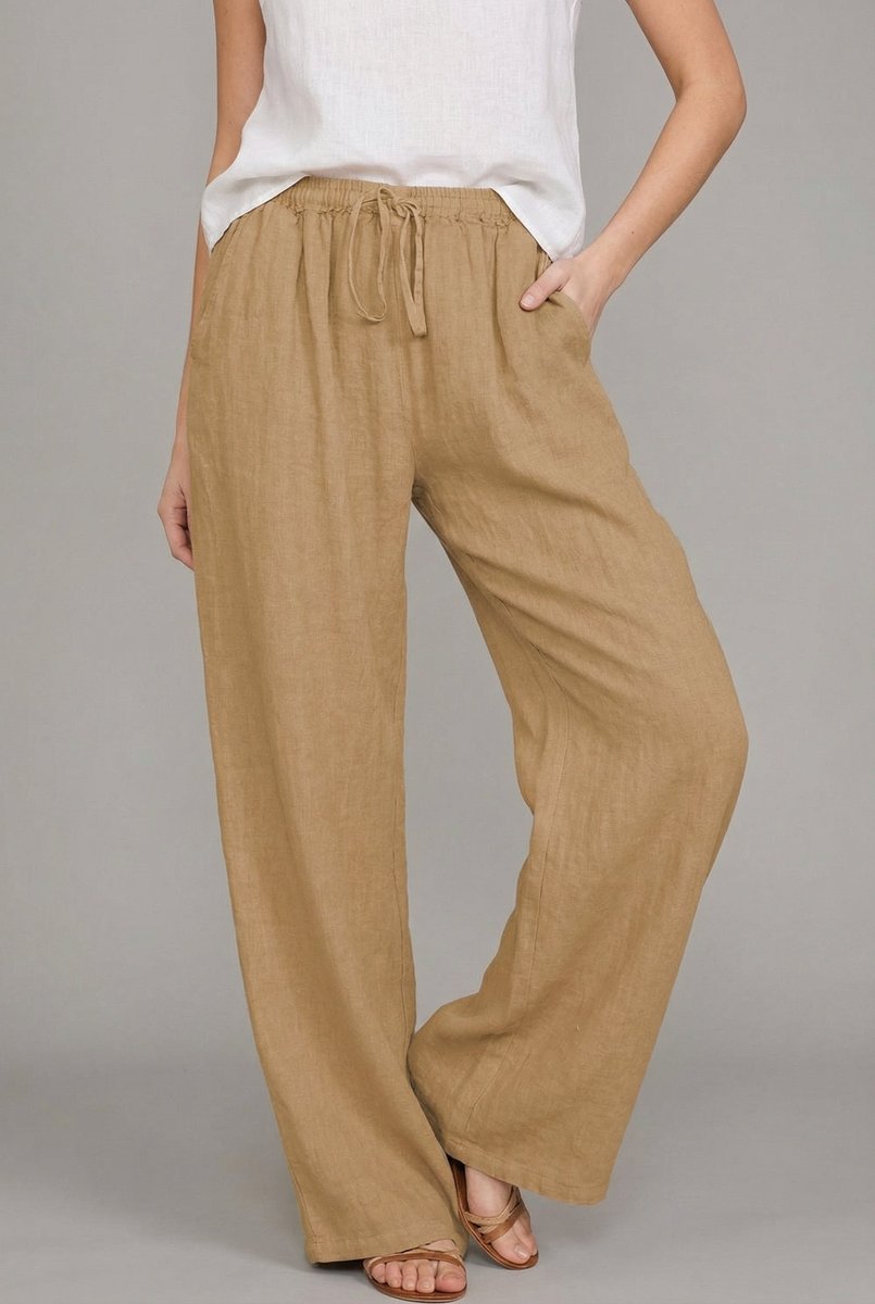 Women's Relaxed Linen Drawstring Wide Leg Trousers - Khaki