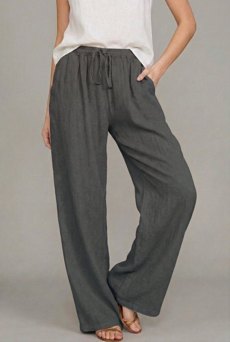 Women's Relaxed Linen Drawstring Wide Leg Trousers - Dark gray