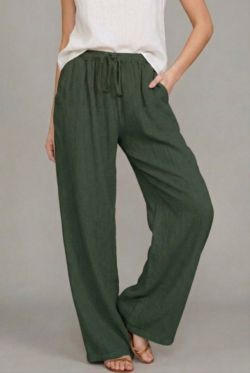 Women's Relaxed Linen Drawstring Wide Leg Trousers - Green