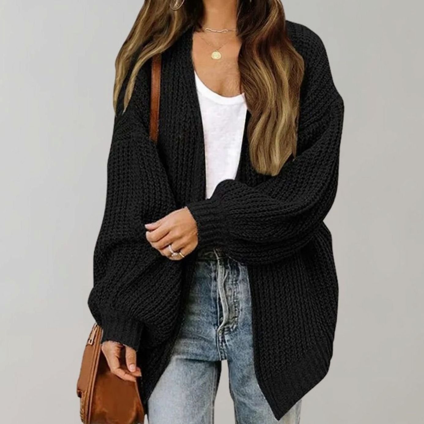 Women's Relaxed Oversized Knit Open Front Cardigan - Black