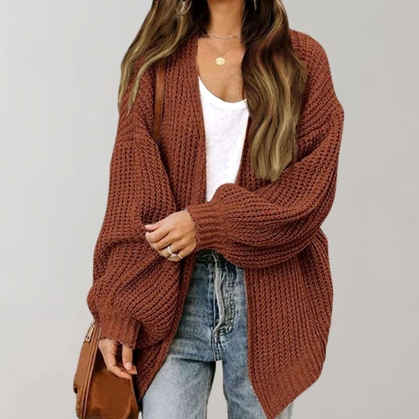 Women's Relaxed Oversized Knit Open Front Cardigan - Coffee