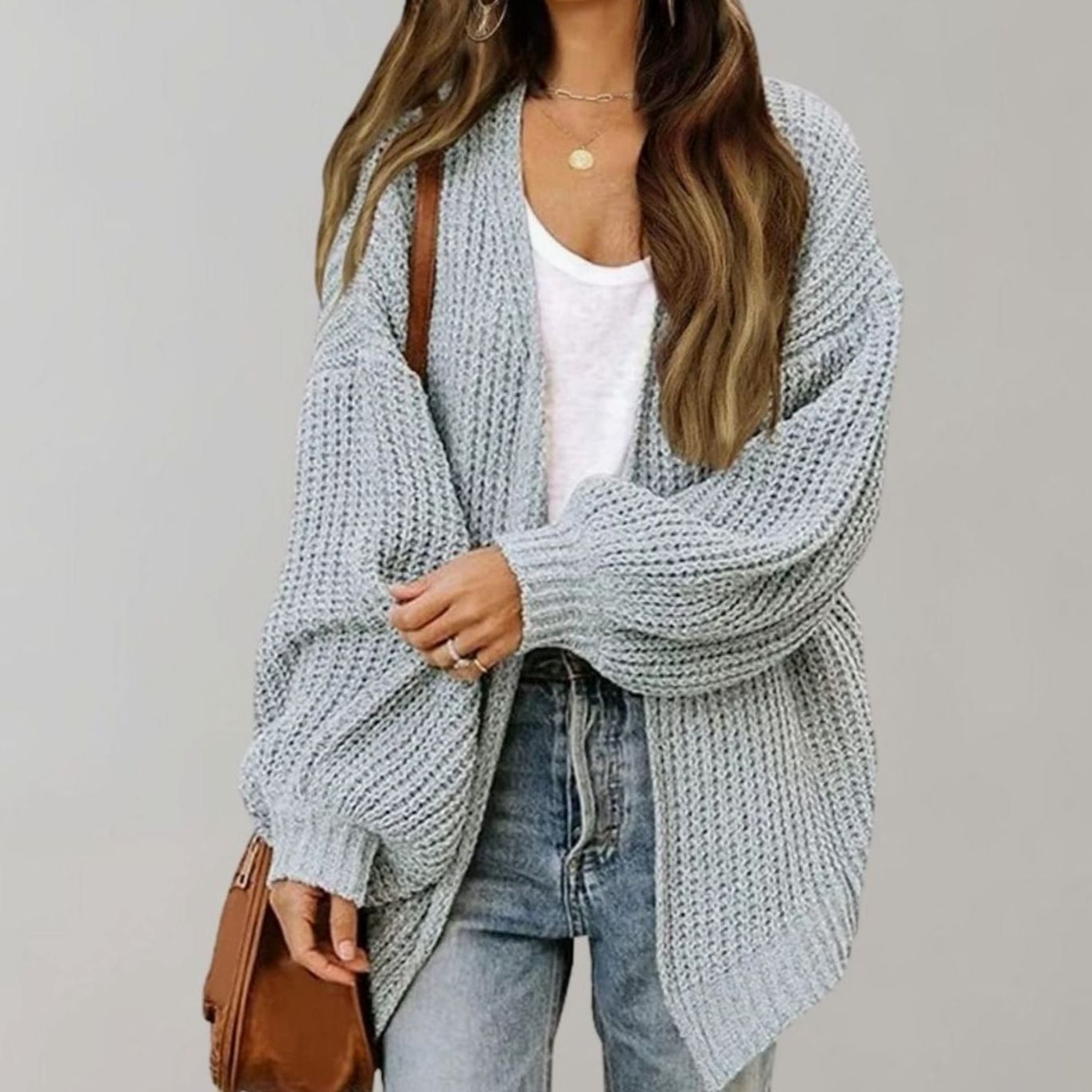 Women's Relaxed Oversized Knit Open Front Cardigan - Grey