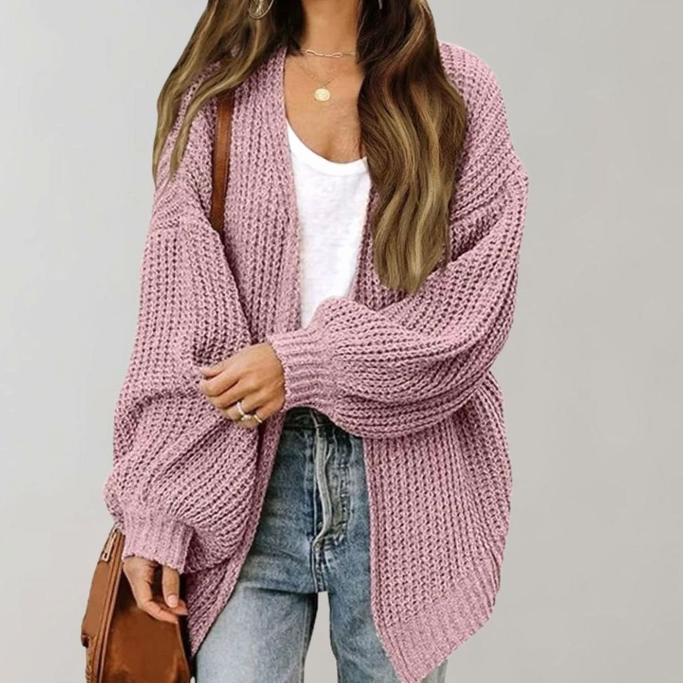 Women's Relaxed Oversized Knit Open Front Cardigan - Pink